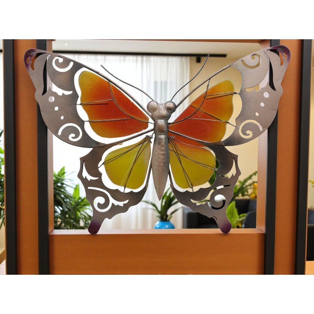 vintage metal butterfly w/stained glass wings wall mount decor